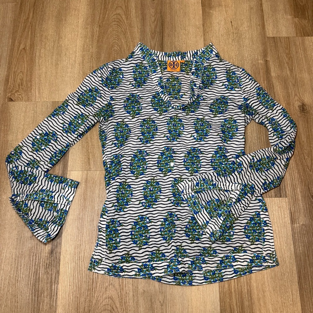 Tory Burch Blue and Green Wave Pattern Long Sleeve Top